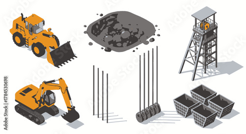 Isometric Mining Equipment Vector Illustration Set