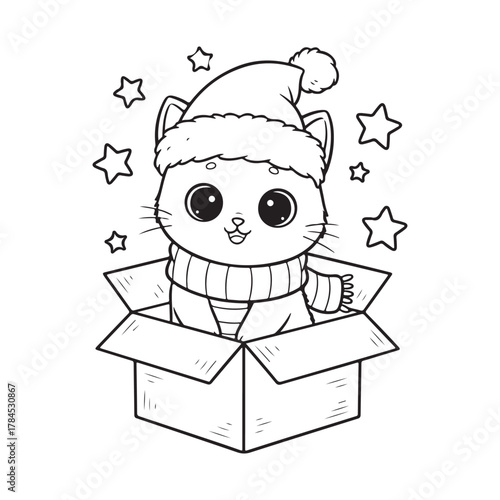 Cat in Christmas box with stars around Colouring page