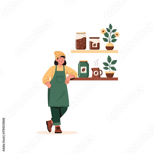 Friendly barista proudly presents freshly roasted coffee beans in cozy shop