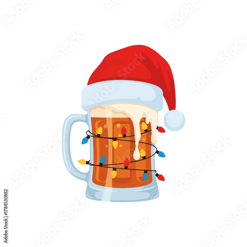 Christmas beer mug with Santa hat, festive holiday lights, seasonal alcoholic drink illustration