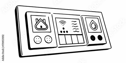 Illustration of a smart home control panel with house, wifi, and flame icons on display screens shown