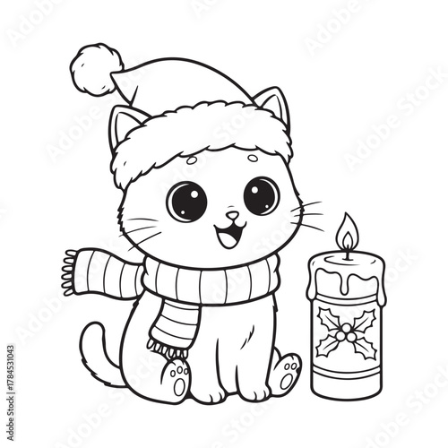 Cat sitting with Christmas candle beside Colouring page