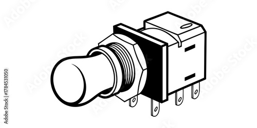 Illustration of a toggle switch with a rounded handle and multiple metal pins in black and white