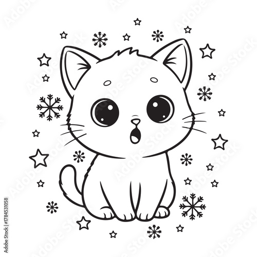 Cat surrounded by tiny stars and snowflakes Colouring page
