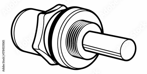 Illustration of a cylindrical object with rings and a protruding rod in black and white style