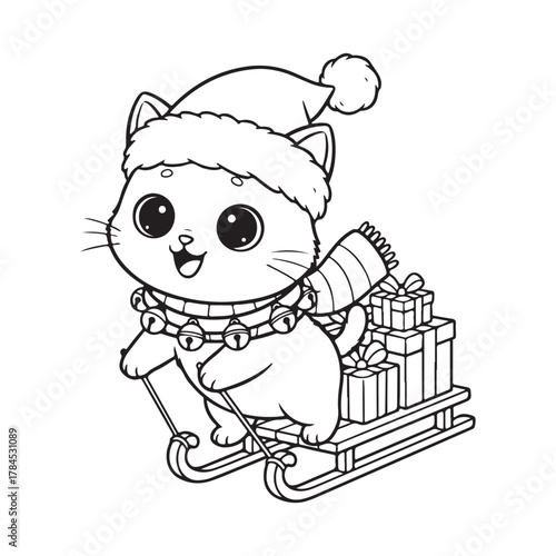 Cat wearing Christmas bell collar  smiling Colouring page