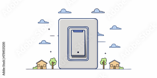 Illustration of a light switch with a house and trees with clouds in the sky in a cartoon style