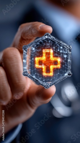 Wallpaper Mural A person's hand holds a futuristic, hexagonal device containing a bright orange cross, symbolizing medical innovation and health. Torontodigital.ca