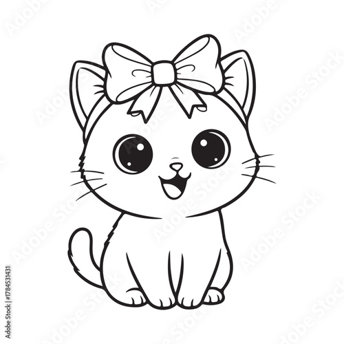 Christmas cat with ribbon on head, sitting cutely  Colouring page