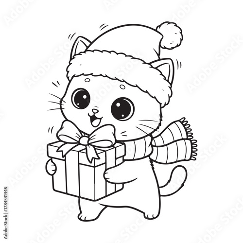 Cute cat holding gift box with ribbon Colouring page