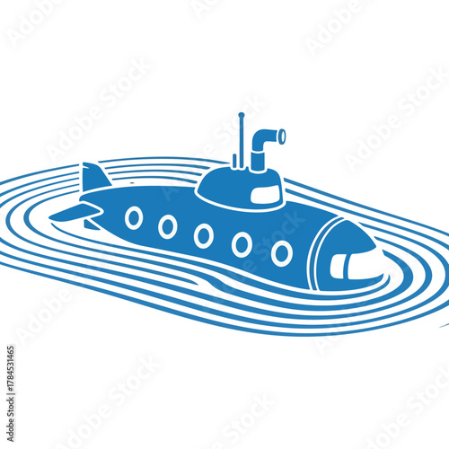 Blue submarine vector illustration, naval vessel with periscope and conning tower on water ripples, sea travel
