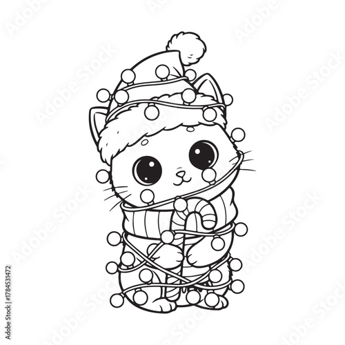 Cute cat tangled in Christmas lights Colouring page