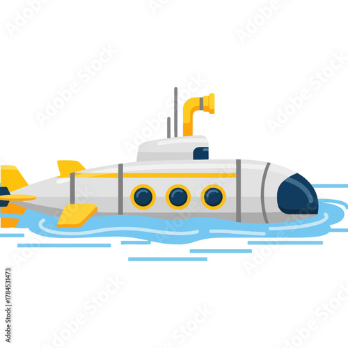 Cartoon submarine illustration, white vessel with yellow accents, navigating blue water, underwater transport