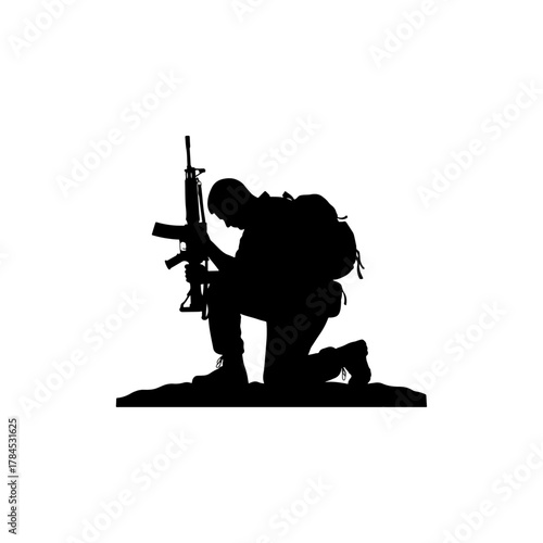 Kneeling soldier silhouette with rifle and backpack, military service, army, duty, remembrance
