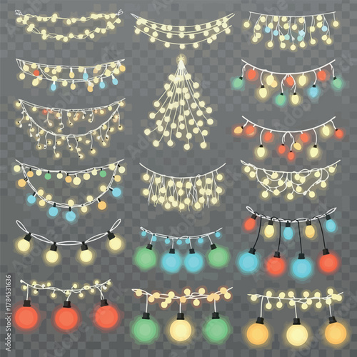 A versatile vector collection of glowing Christmas string lights and festive garlands for holiday decoration, isolated on a transparent background