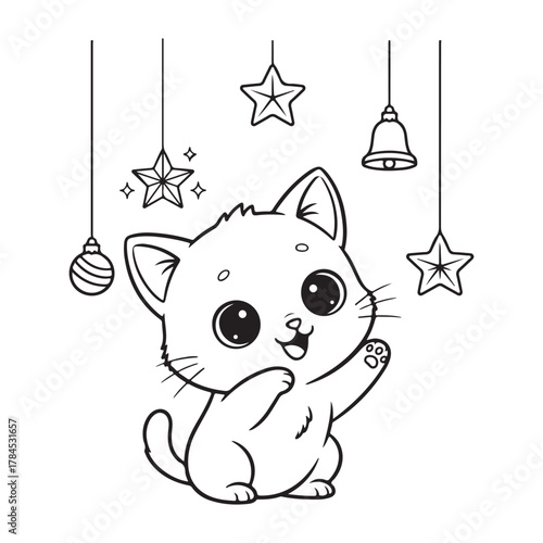 Cute kitten sitting near hanging ornaments Colouring page