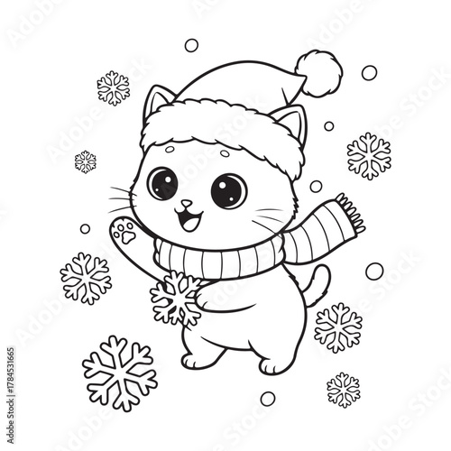 Cute kitten playing with snowflakes Colouring page