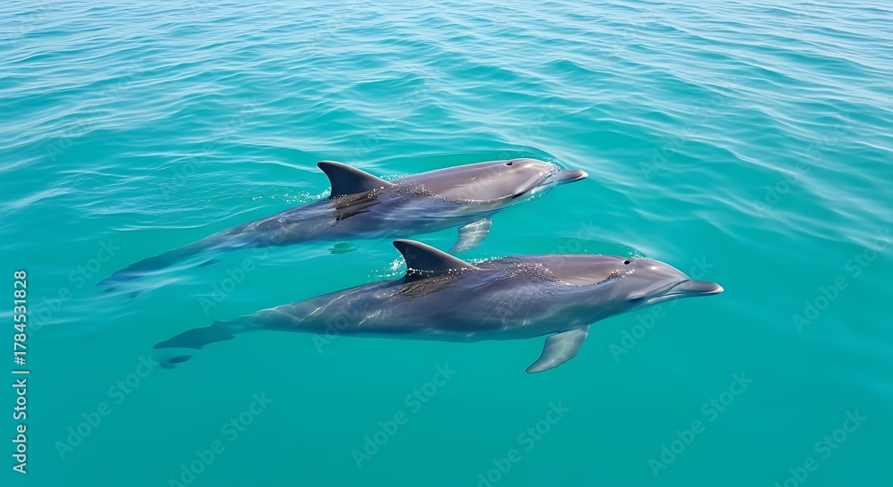 Fototapeta premium Two dolphins swimming in the turquoise ocean water.