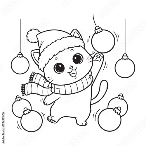 Kitten playing with Christmas baubles Colouring page