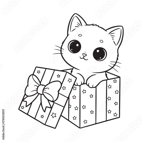 Playful kitten sitting inside Christmas gift box Colouring page