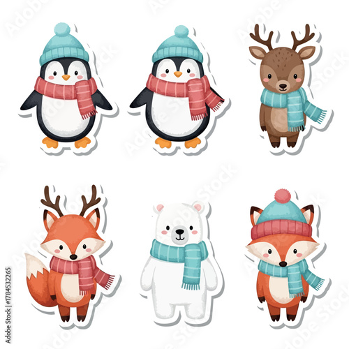 Festive Winter Animal Stickers Penguin, Deer, Fox, and Polar Bear in Cozy Scarves and Hats