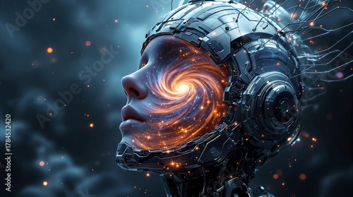 futuristic cyborg woman profile with glowing galaxy nebula eye and mechanical head enhancements