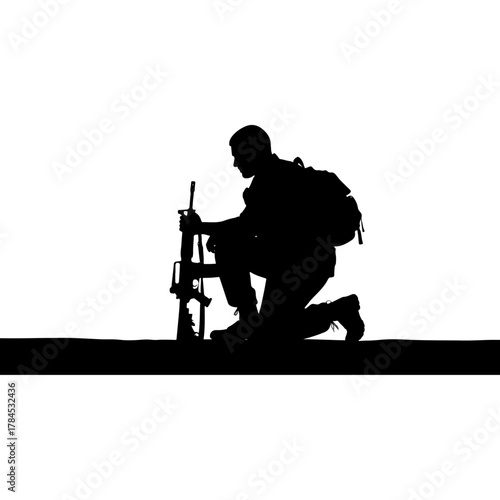 Black silhouette of a military soldier kneeling with a rifle, embodying respect, duty, and sacrifice