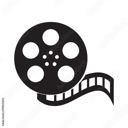 Black and white icon of a classic film reel with a strip of movie film unwinding