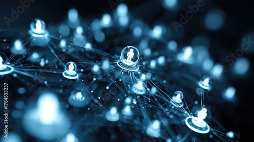 Abstract digital network with glowing human icons connected by lines creating a web of relationships depicting social interaction and online connectivity
