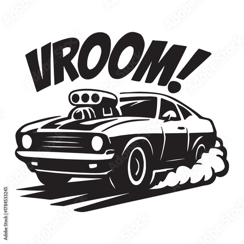 Powerful muscle car with supercharger roaring and burning rubber in a dynamic illustration