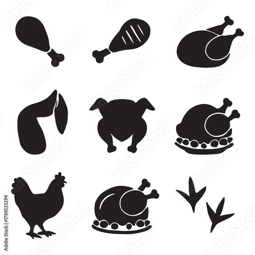 Collection of black silhouette icons representing various chicken meat cuts and whole cooked chickens