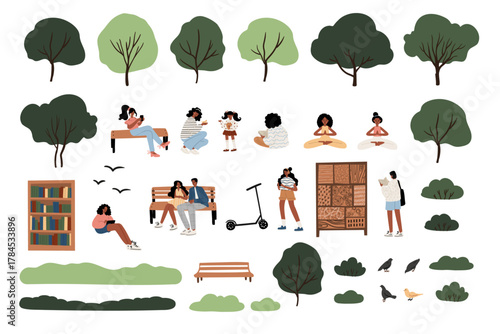 Park people set illustration with black and African American men, women, and children relaxing, reading, meditating, riding scooter surrounded by trees and birds. Flat vector clipart collection.