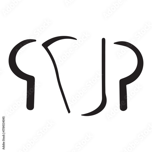 Collection of four black silhouette agricultural tools including sickles and scythes on white background