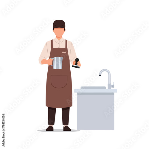 Barista expertly prepares espresso drink with tamper and milk pitcher