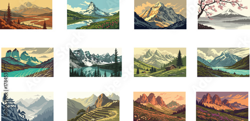 Large Set of Stylized Vector Illustrations of Iconic Mountain and Nature Landscapes