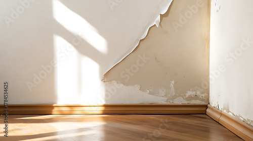 An interior room displaying peeling paint and water damage on the walls, juxtaposed with natural light filtering through a window and a pristine wooden floor.