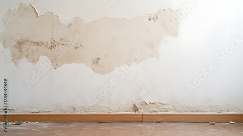 Deteriorated wall with peeling paint and water damage. A severe problem with moisture and mold growth, indicating an urgent need for repair. Bad conditions of the old house.