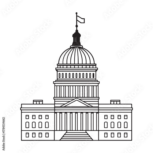 Iconic outline illustration of the united states capitol building with american flag