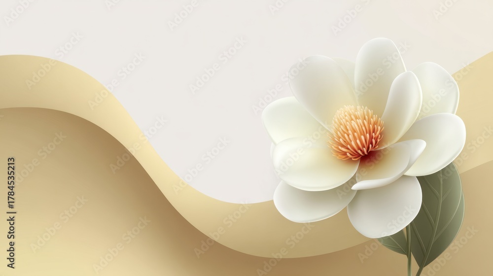 Fototapeta premium Elegant white magnolia flower on a soft beige background with gentle curves for a serene and sophisticated design aesthetic