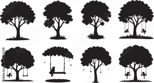 Set of tree silhouettes vector illustration with leaves branches and nature elements