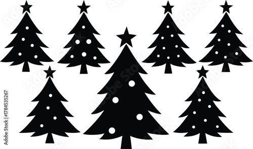 A collection of Christmas trees, each decorated with ornaments and star silhouette vector illustration