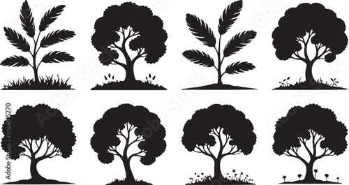 Set of tree silhouettes vector illustration with leaves branches and nature elements