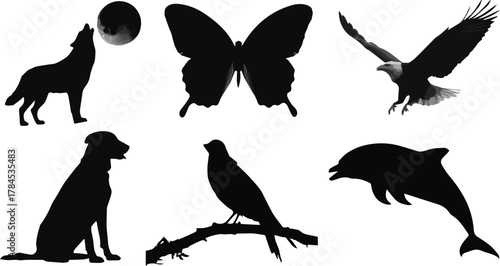 Set of animal and bird silhouettes vector illustration flying wildlife icons
