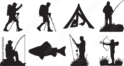 silhouette of a man with backpack vector illustration of people and animals walking and dancing in black design