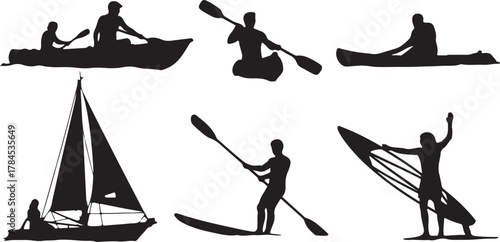 Cartoon vector silhouettes of people rowing a canoe or kayak on the water with sports fun