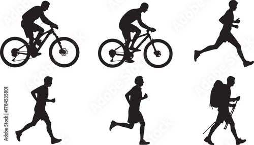 silhouettes of people cycling vector illustration with woman biker jumping on mountain bike