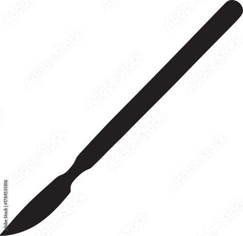 Black silhouette of a scalpel on a white background Keywords: scalpel, surgery, medical, instrument, blade, sharp, cutting, tool, health, healthcare, science, research, on transparent background
