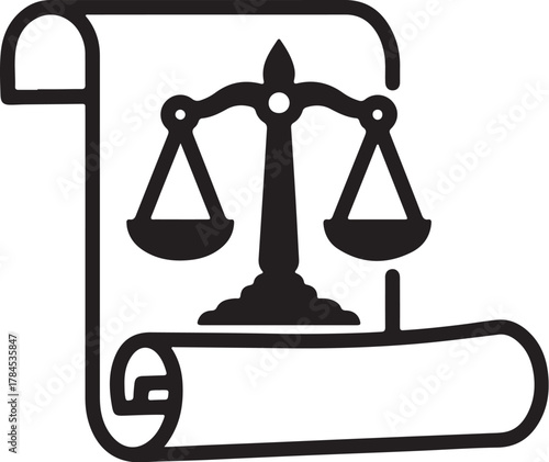 Black and white icon of a scroll with scales of justice on transparent background Keywords: justice, law, legal, scales, balance, scroll, document, parchment, law, court, judgment, fairness
