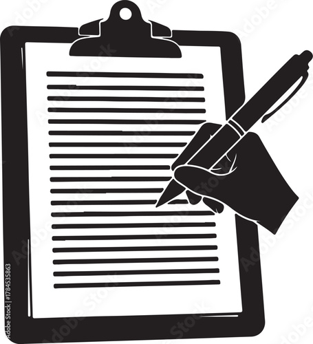 Hand writing on a clipboard with a pen in black and white silhouette document on transparent background