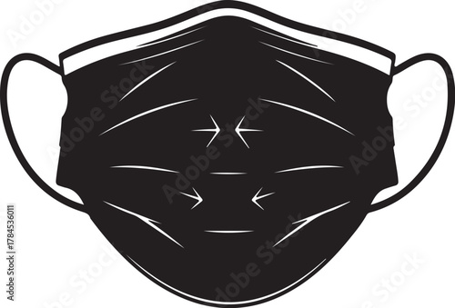 Black silhouette of a medical face mask with white outline and details medical mask surgical mask on transparent background